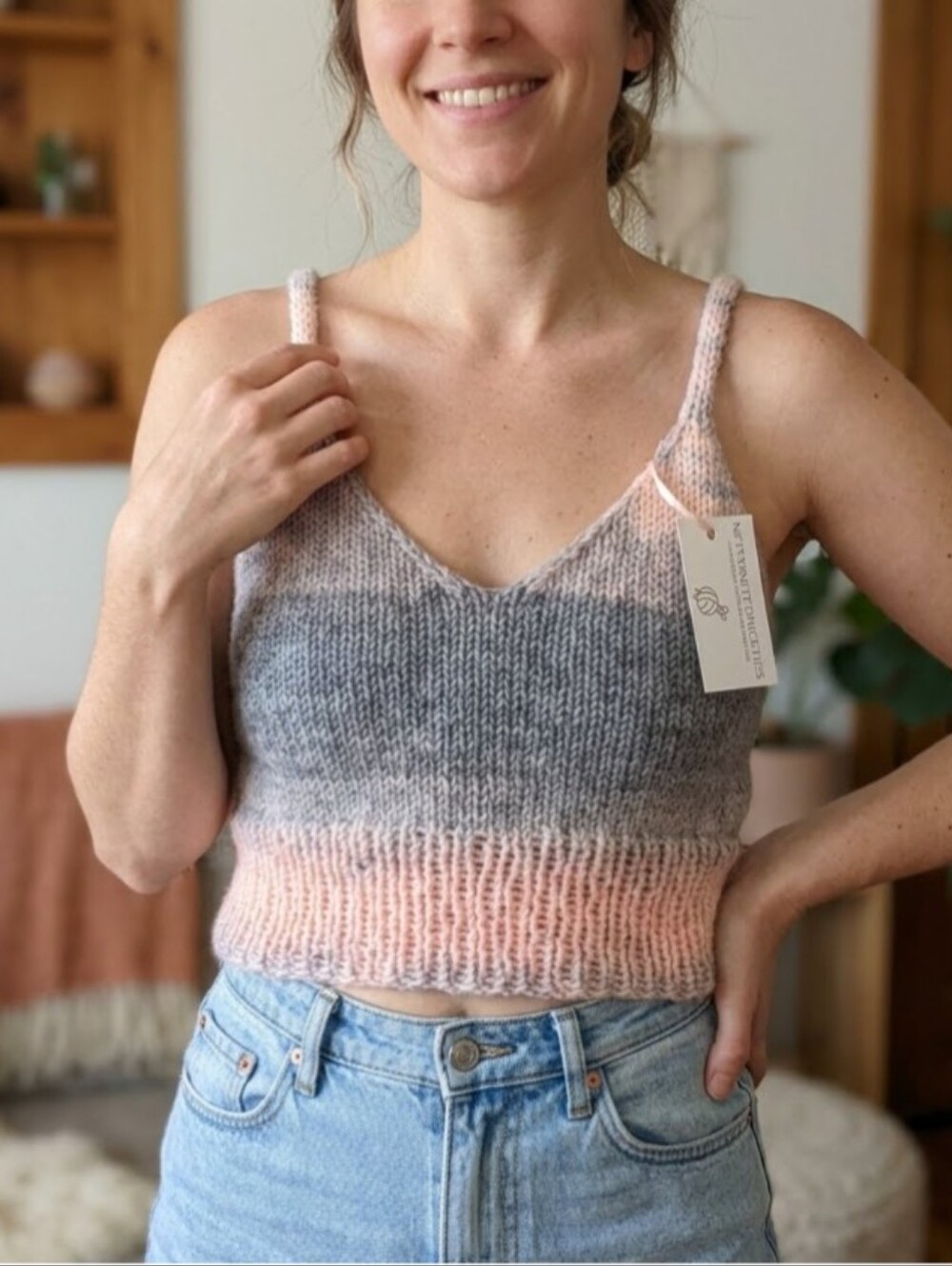 Hand Knit Wool Blend Light Pink Silver Cropped Tank Vest Corset Size S